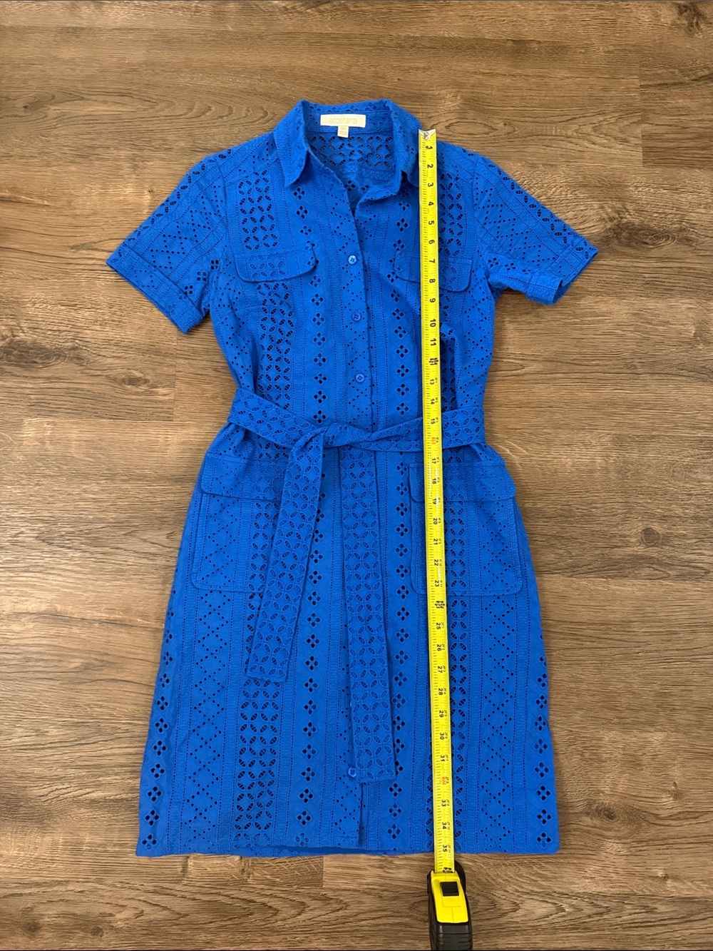 Etcetera Cobalt Blue Eyelet Shirt Midi Shirtwaist Dress Tie Waist Size 00 XS